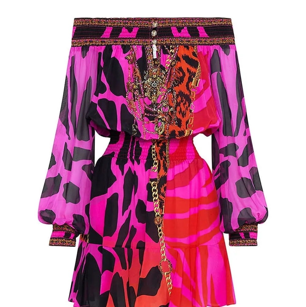 Camilla Vibrant Pink and Red Off-Shoulder Mini Dress